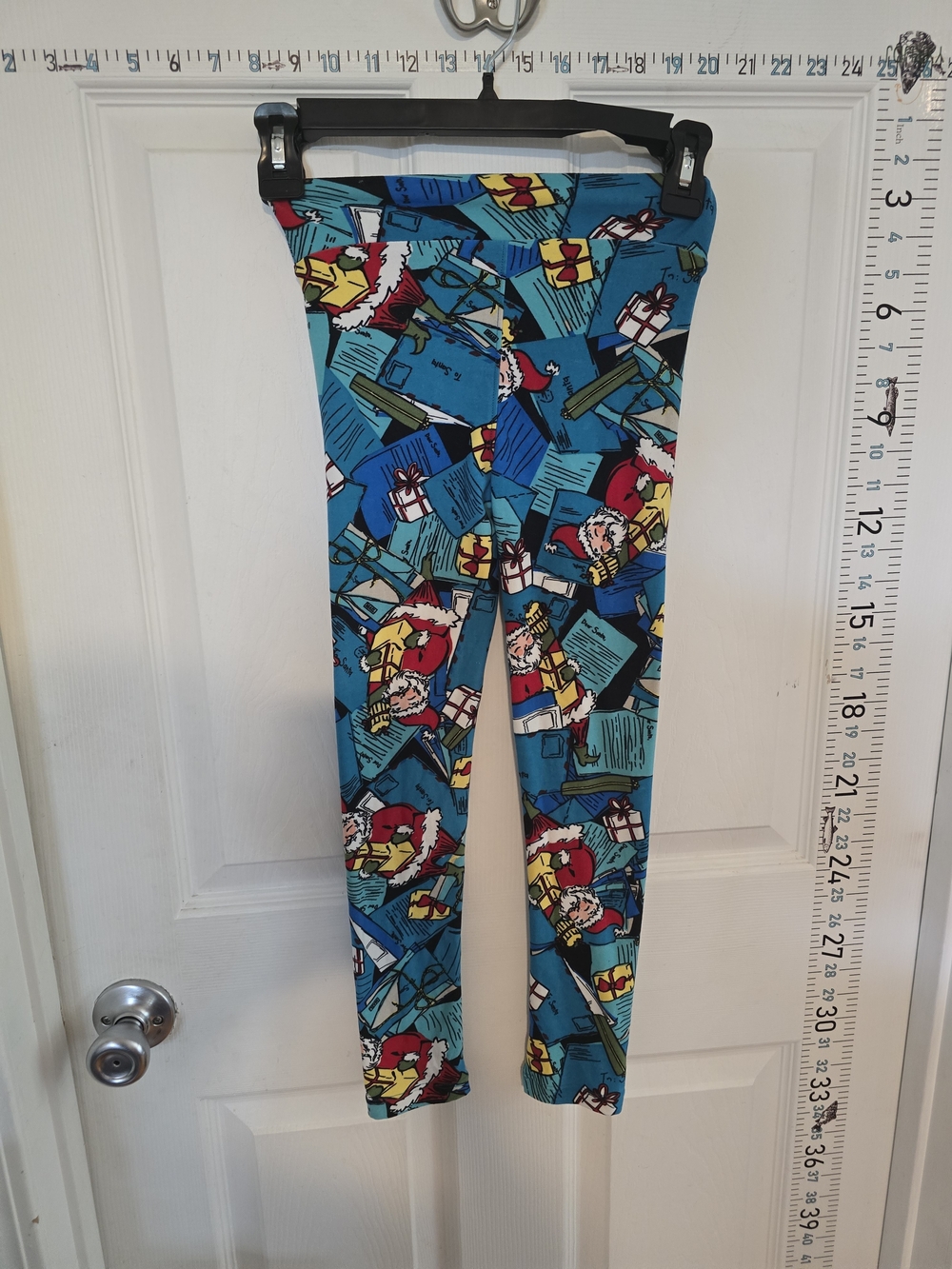 LuLaRoe Kids Teal Santa & Gift Print Leggings